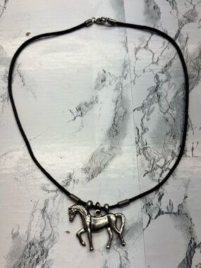 Silver Horse Pendant Equestrian Necklace in Black Cord